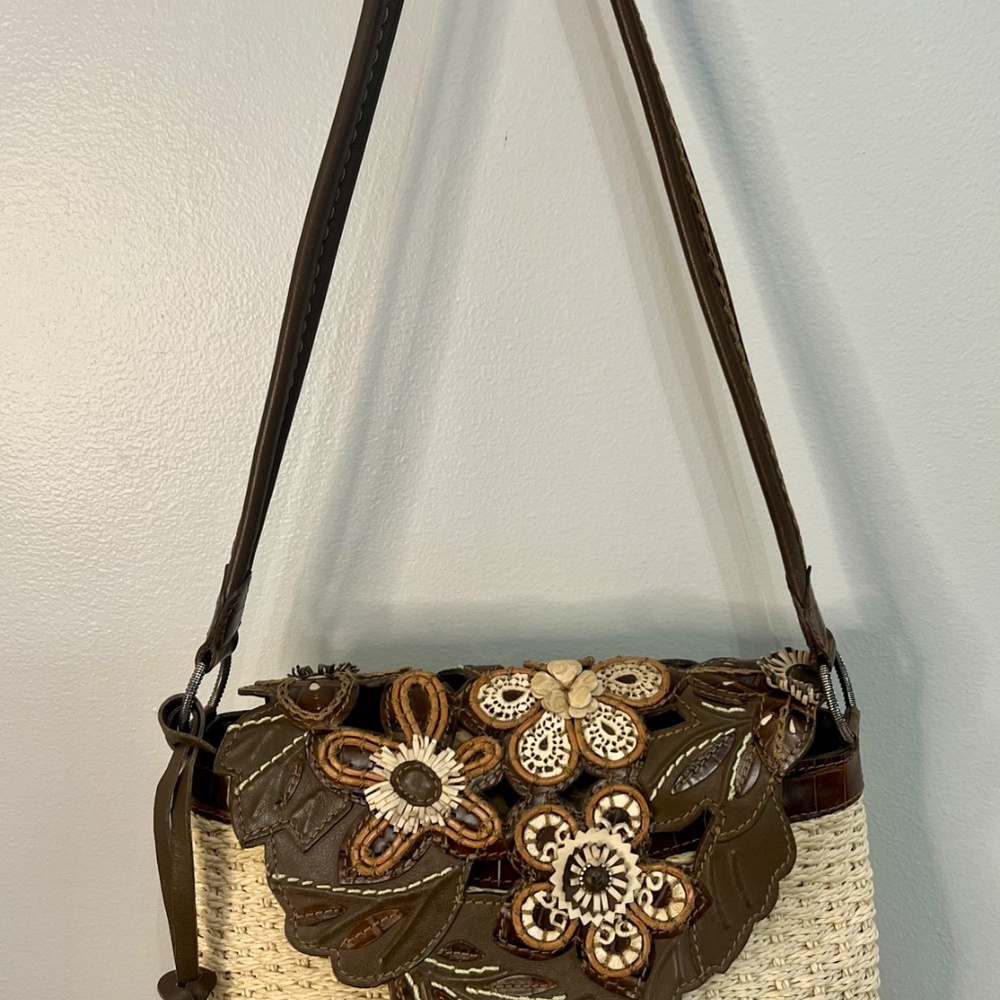 Brighton Cassia Nat Leather 3D Floral Handbag Shoulder Purse Ivory Brown Charms - Picture 4 of 11
